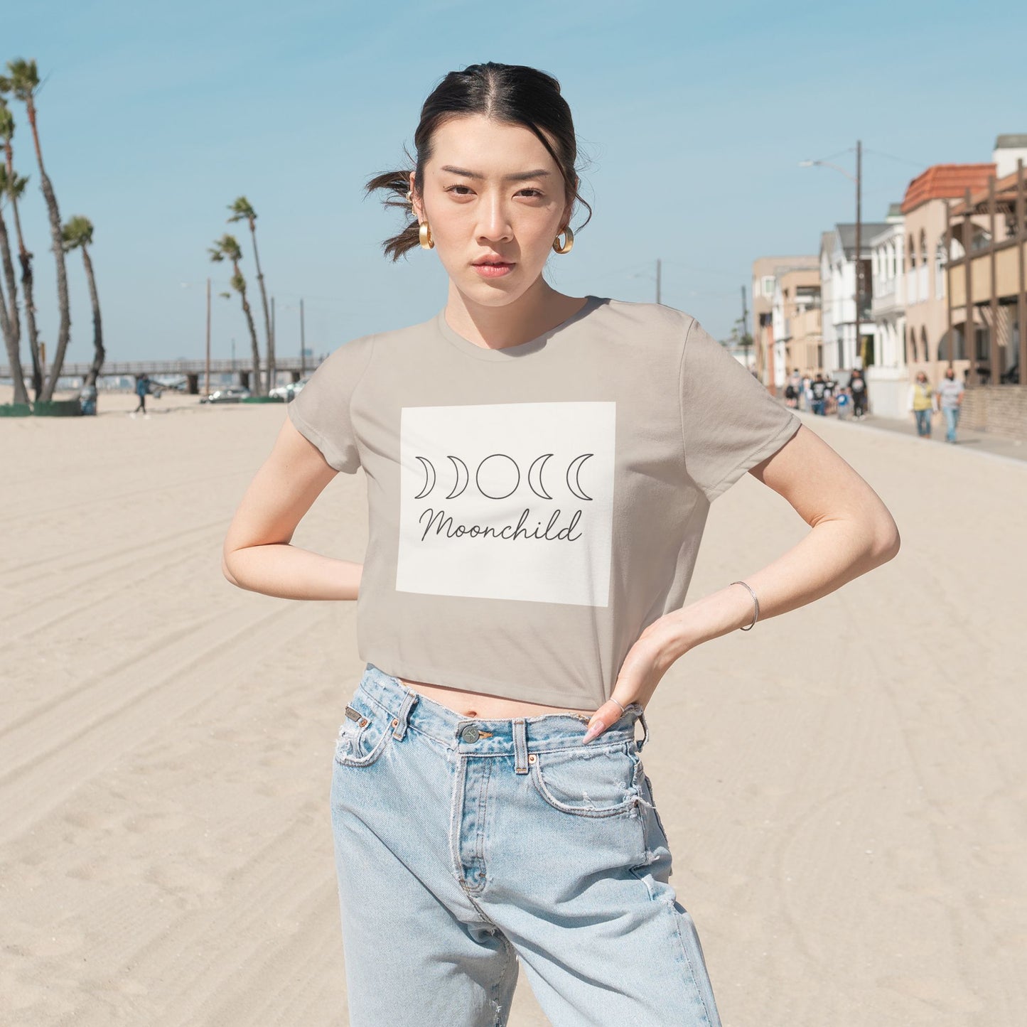 Moonchild Women's Flowy Crop Tee – Minimal Lunar Phases Cropped Top