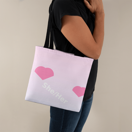 She/Her Pronoun Tote Bag – Diagonal Hearts