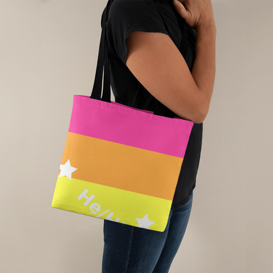He/Him Pronoun Tote Bag – Diagonal Rainbow