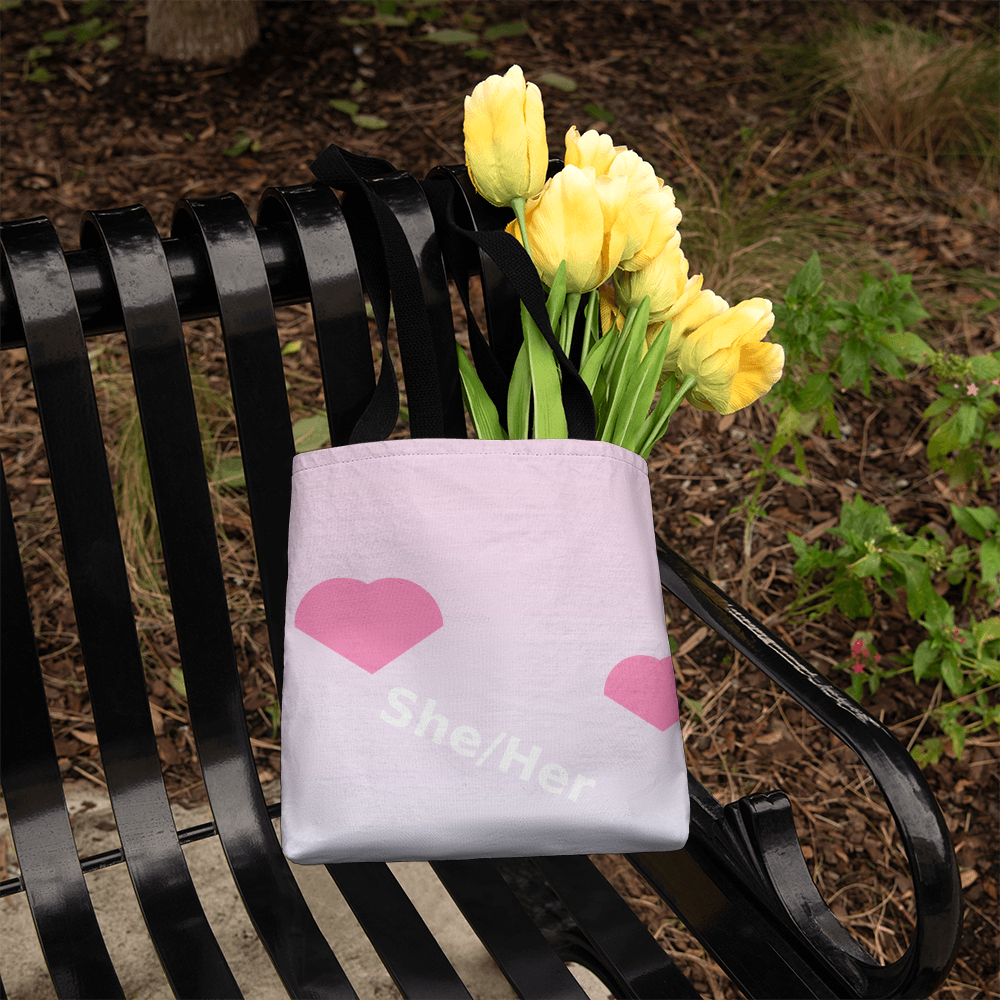 She/Her Pronoun Tote Bag – Diagonal Hearts
