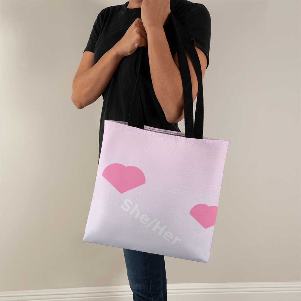 She/Her Pronoun Tote Bag – Diagonal Hearts