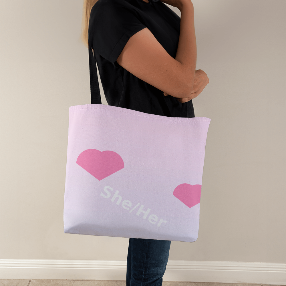 She/Her Pronoun Tote Bag – Diagonal Hearts
