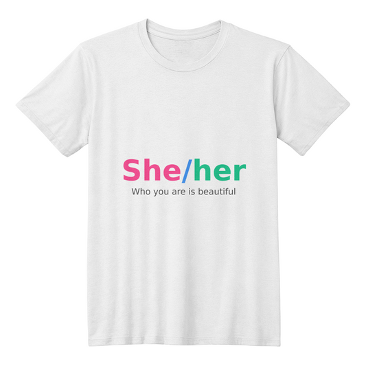 She/Her Pronoun Pride Tee – Transparent Dark Tagline