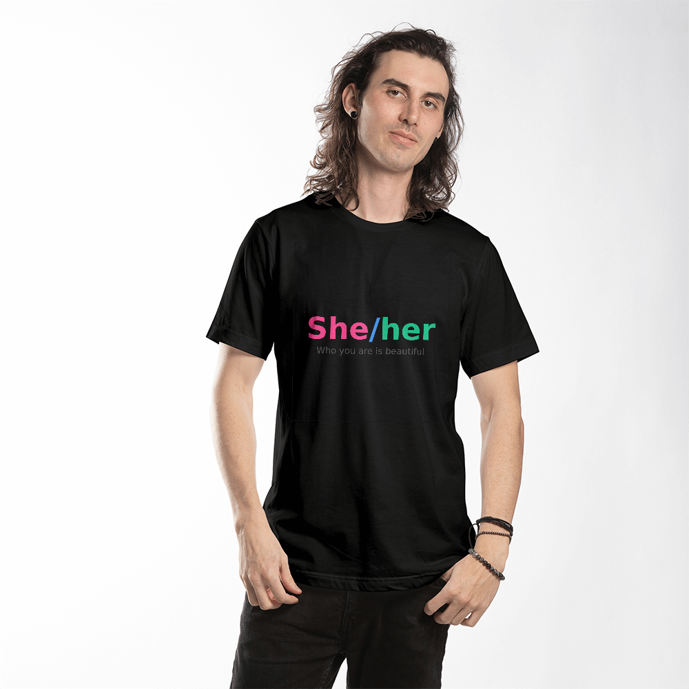 She/Her Pronoun Pride Tee – Transparent Dark Tagline